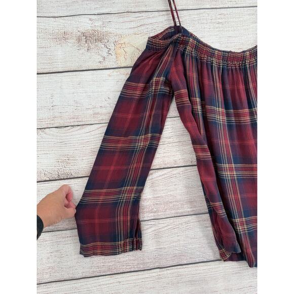 Cloth & Stone Plaid Off Shoulder Blouse Womens Large Red Purple Tan - Picture 3 of 8
